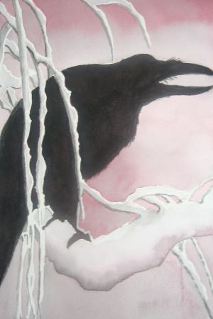 Raven in Snow, watercolor in two colors