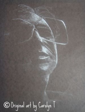 The glasses, white charcoal on black paper, 10 x 12