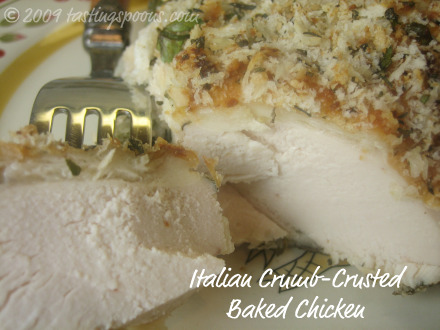 A chicken breast with the garlic flavored panko and Parmigiano crumb crust
