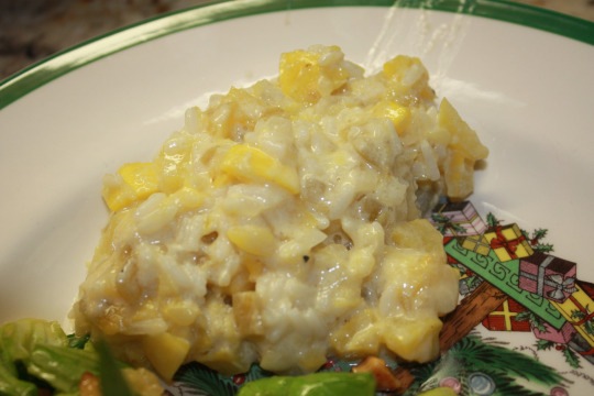 yellow crookneck rice casserole serving